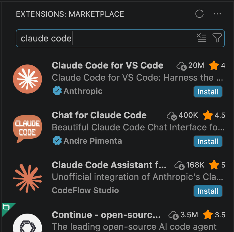 VS Code Extensions Marketplace search results for claude code, with the official Claude Code for VS Code extension by Anthropic at the top above several third-party lookalikes