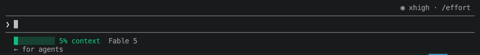 The Claude Code status line at the bottom of a VS Code terminal session showing context usage and the active model